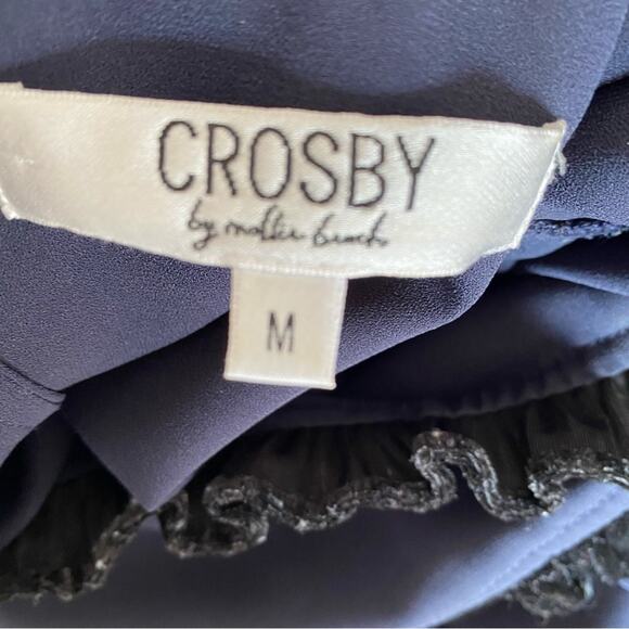 Crosby by Mollie Burch Navy Blue Black Velvet Ruffle Trim Blouse size medium - Picture 9 of 9